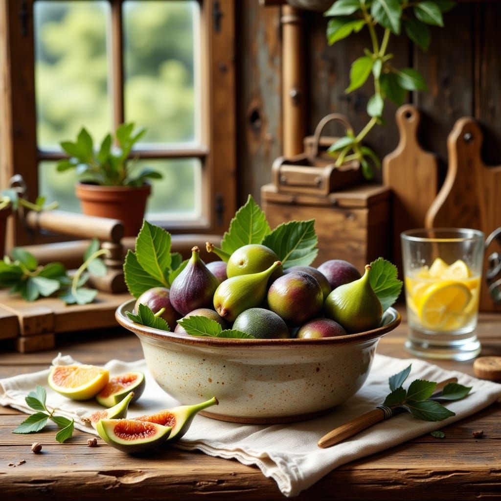 Ripe Figs in Ceramic Bowl, Photorealistic Landhausstil