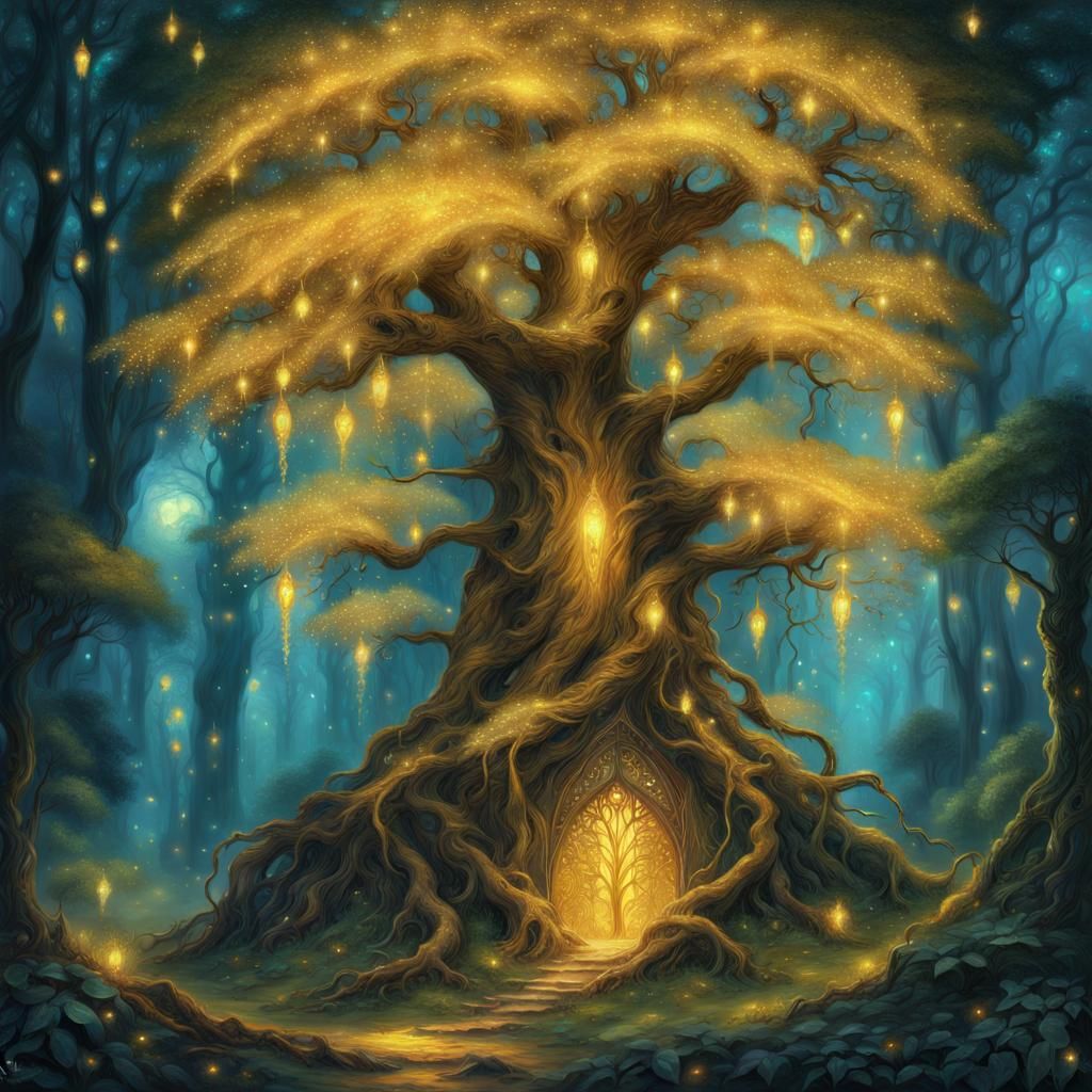 Enchanted Elven Tree with Golden Bioluminescence