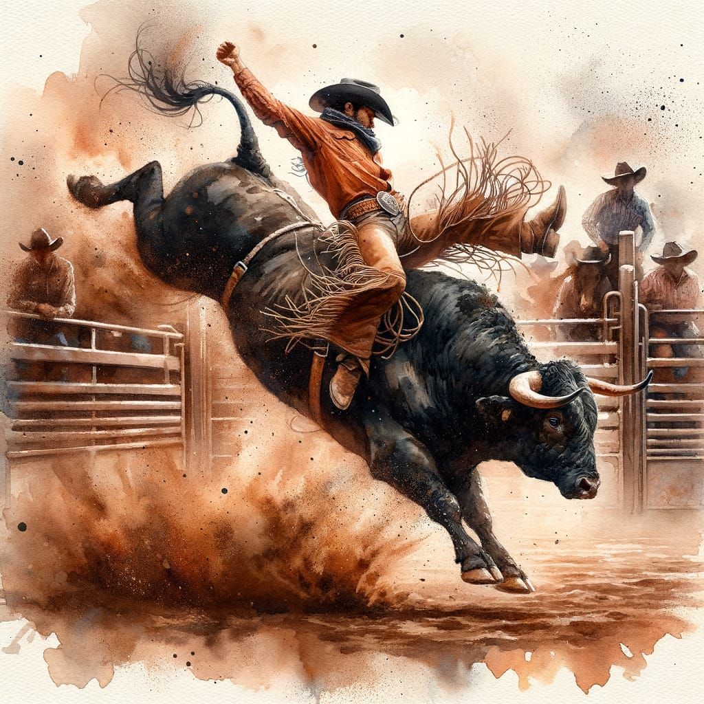 Tense Rodeo Scene in Vibrant Watercolor