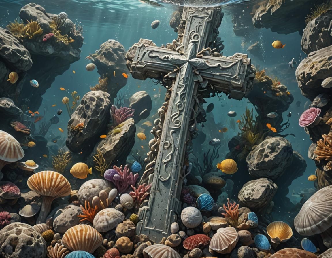 Underwater Stone Cross in Hyperrealistic Coral Scene