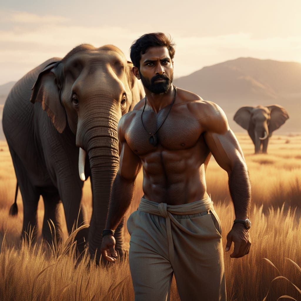 Muscular Indian Warrior Beside Majestic Elephant in Natural ...