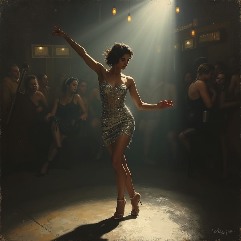 Dancer in Silver Sequins on Smoky Jazz Club Stage, 1928