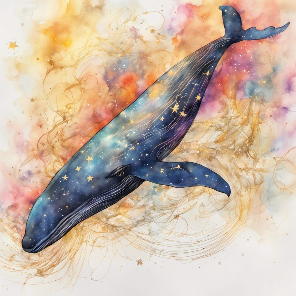 whale sketch on colorful watercolor galaxy with golden pen