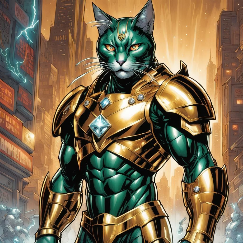 Armored Hero with Cyborg Cat, in Comic Book Style