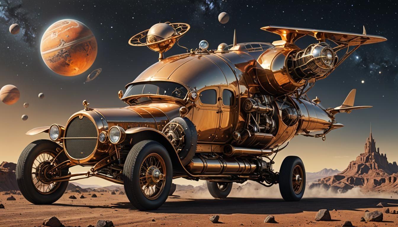 Steampunk Starship Blending Classic Vehicles Flying Past Sat...