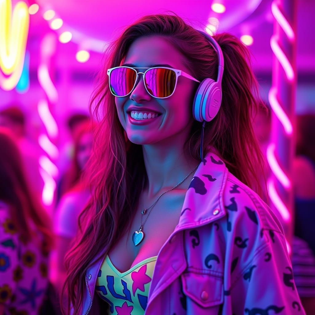 Woman in 80s Style at Summer Camp, Vaporwave Aesthetic