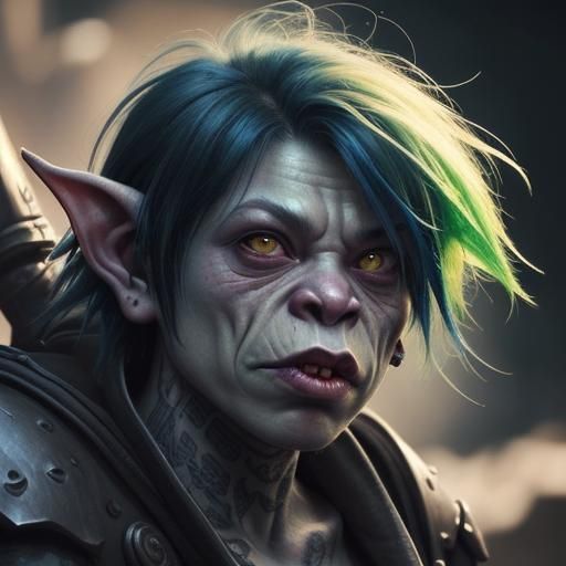 Hyperrealistic Goblin Girl with Emo Hair in Splash Art