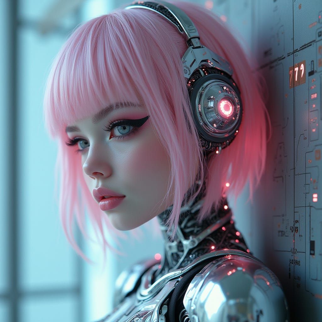 Surreal Cybernetic Goddess with Pastel Pink Hair and Futuris...