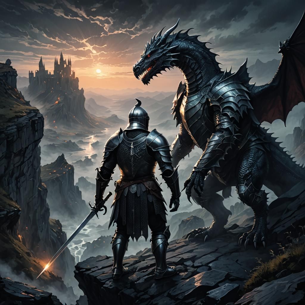 Dragon Emerges from Mist Behind Knight: Dark Fantasy Art