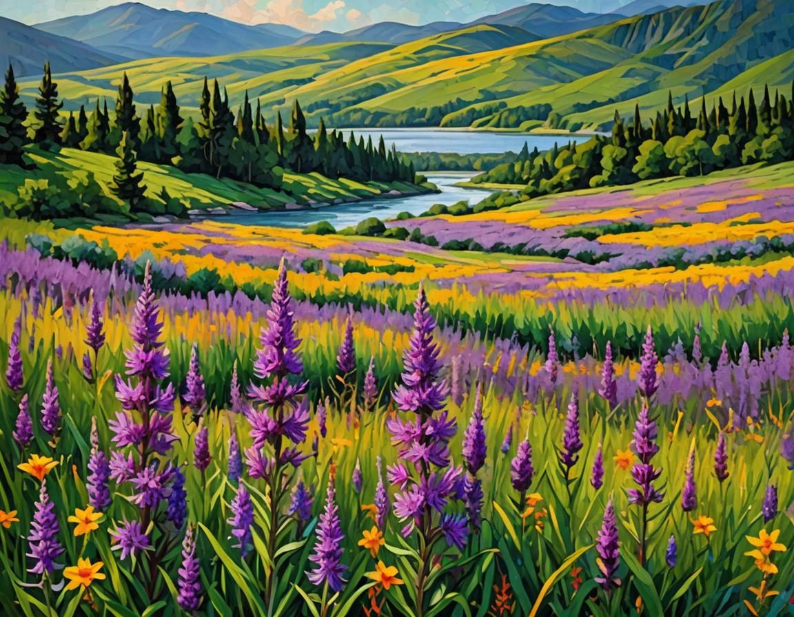 Impasto River Landscape with Blazing Star Wildflowers