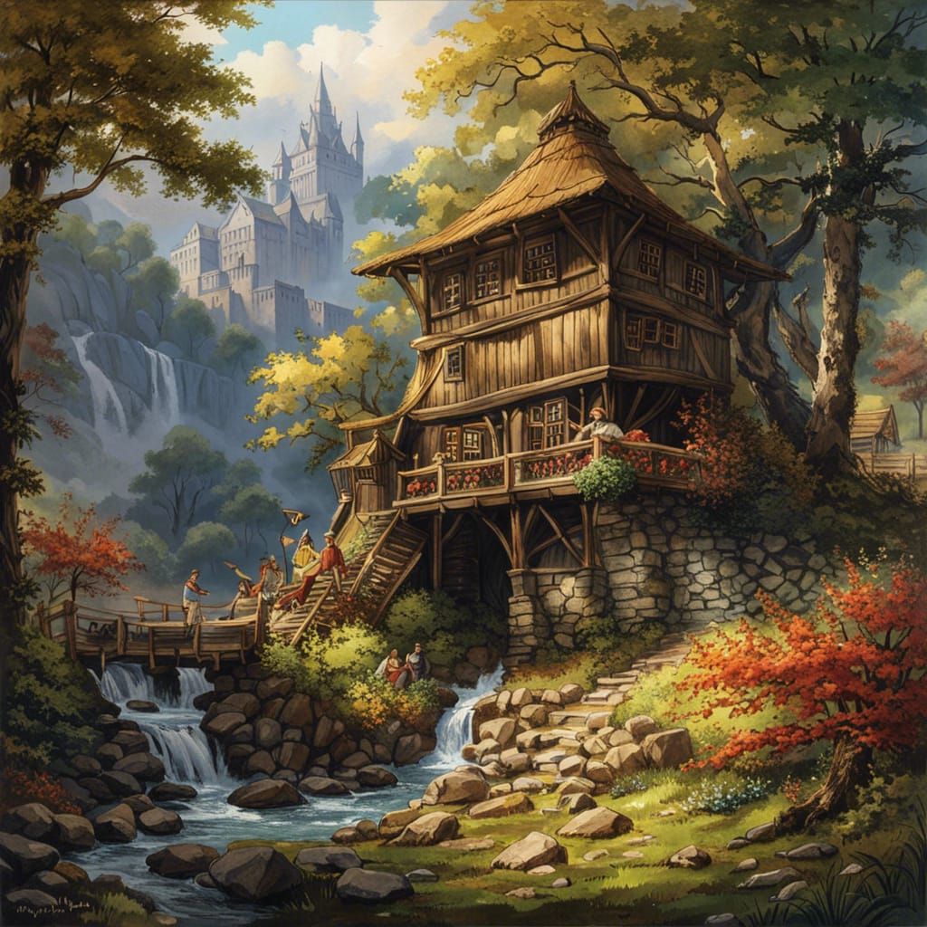 Romantic Valley Watermill in Watercolor Style