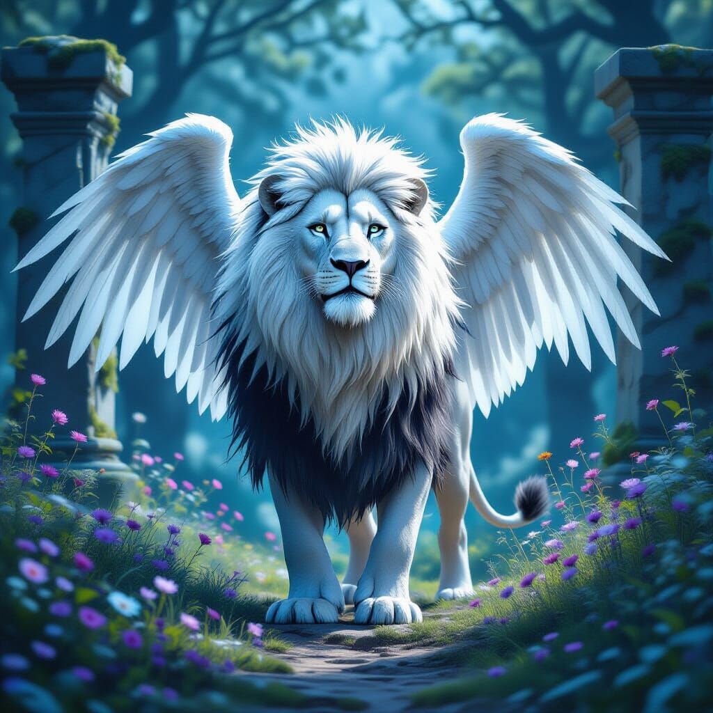 Winged Lion Guardian in Moonlit Forest