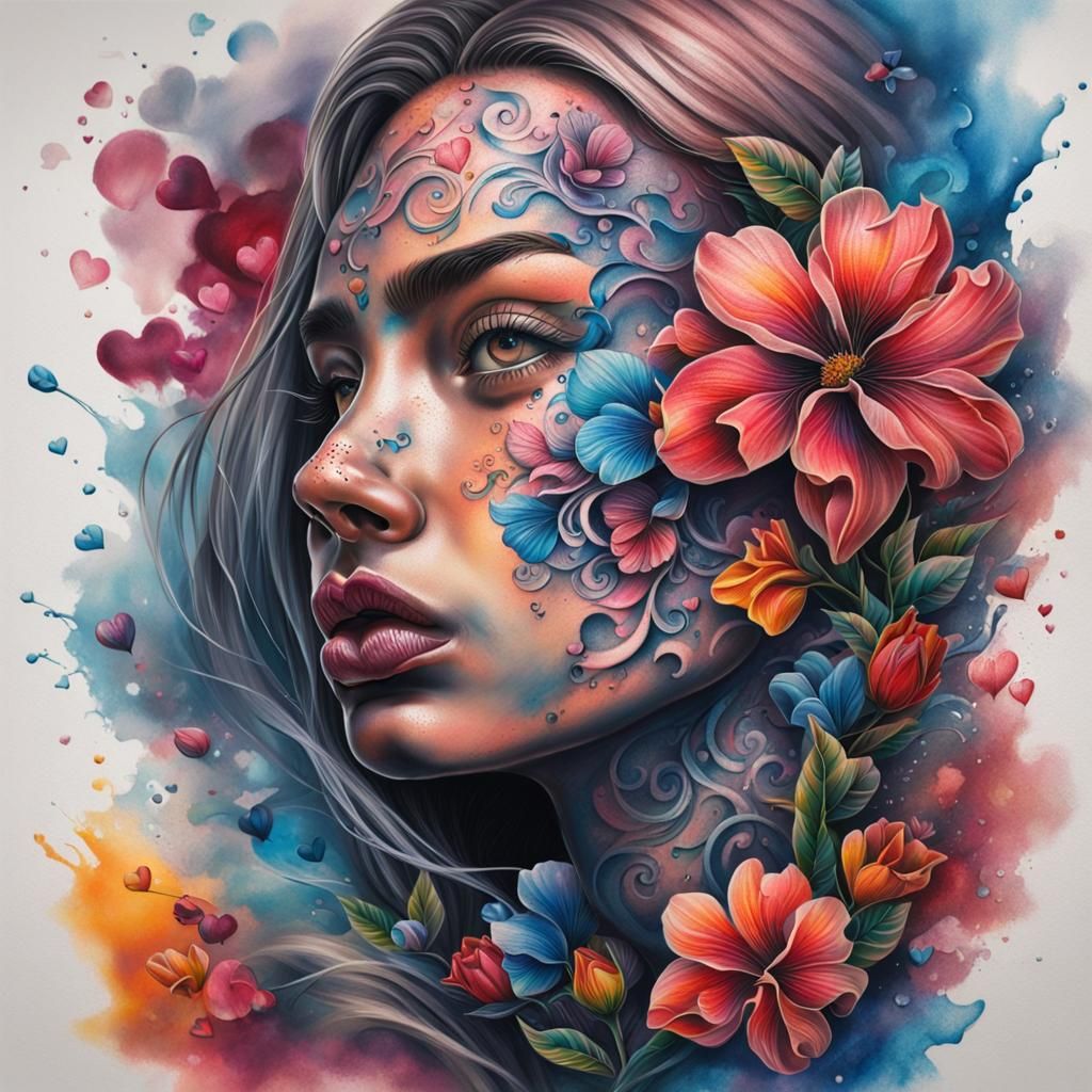Heart and Flower Tattoo Design in Splash Art Style