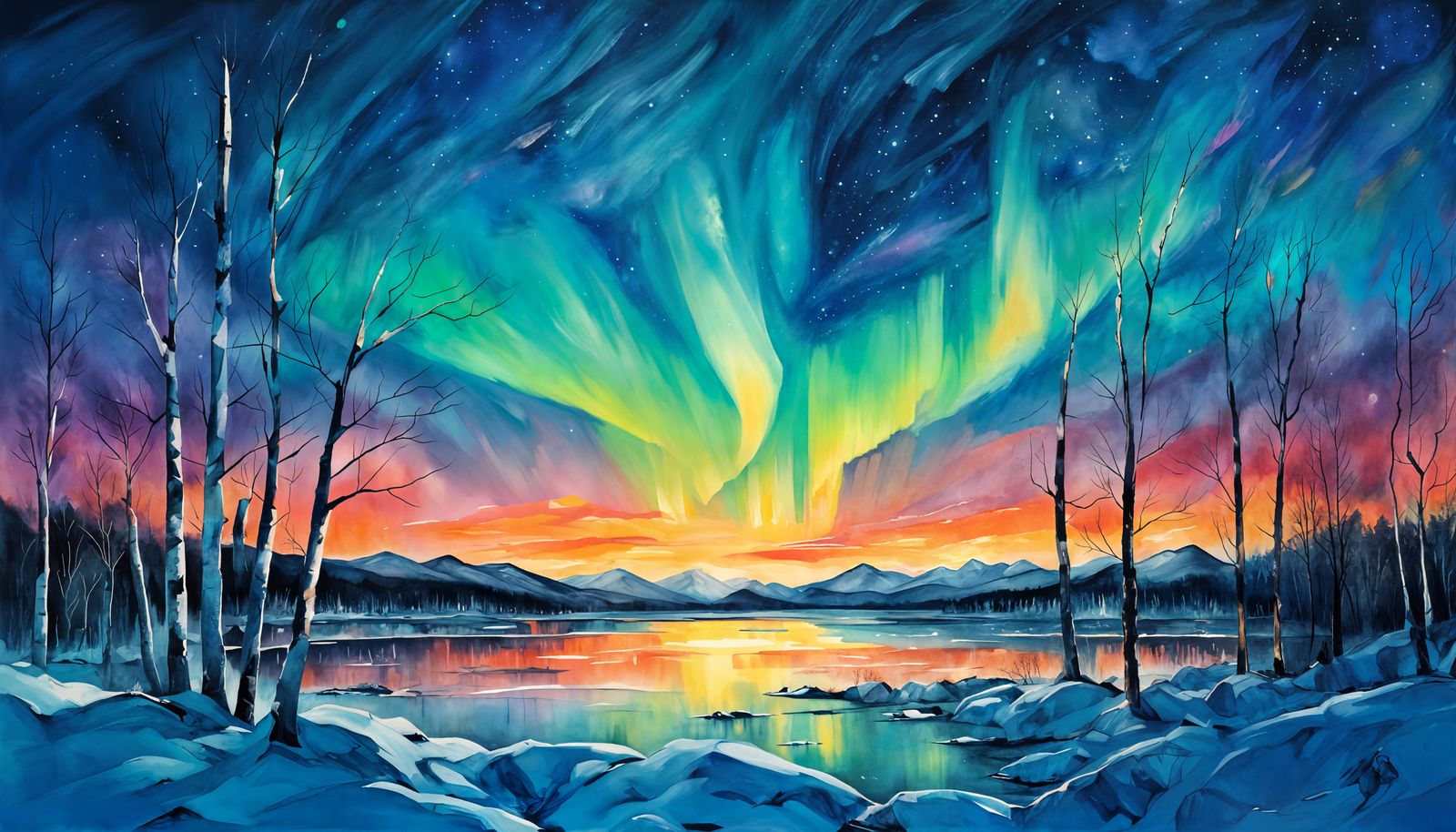 Aurora Borealis Over Winter Fells in Cubist Style