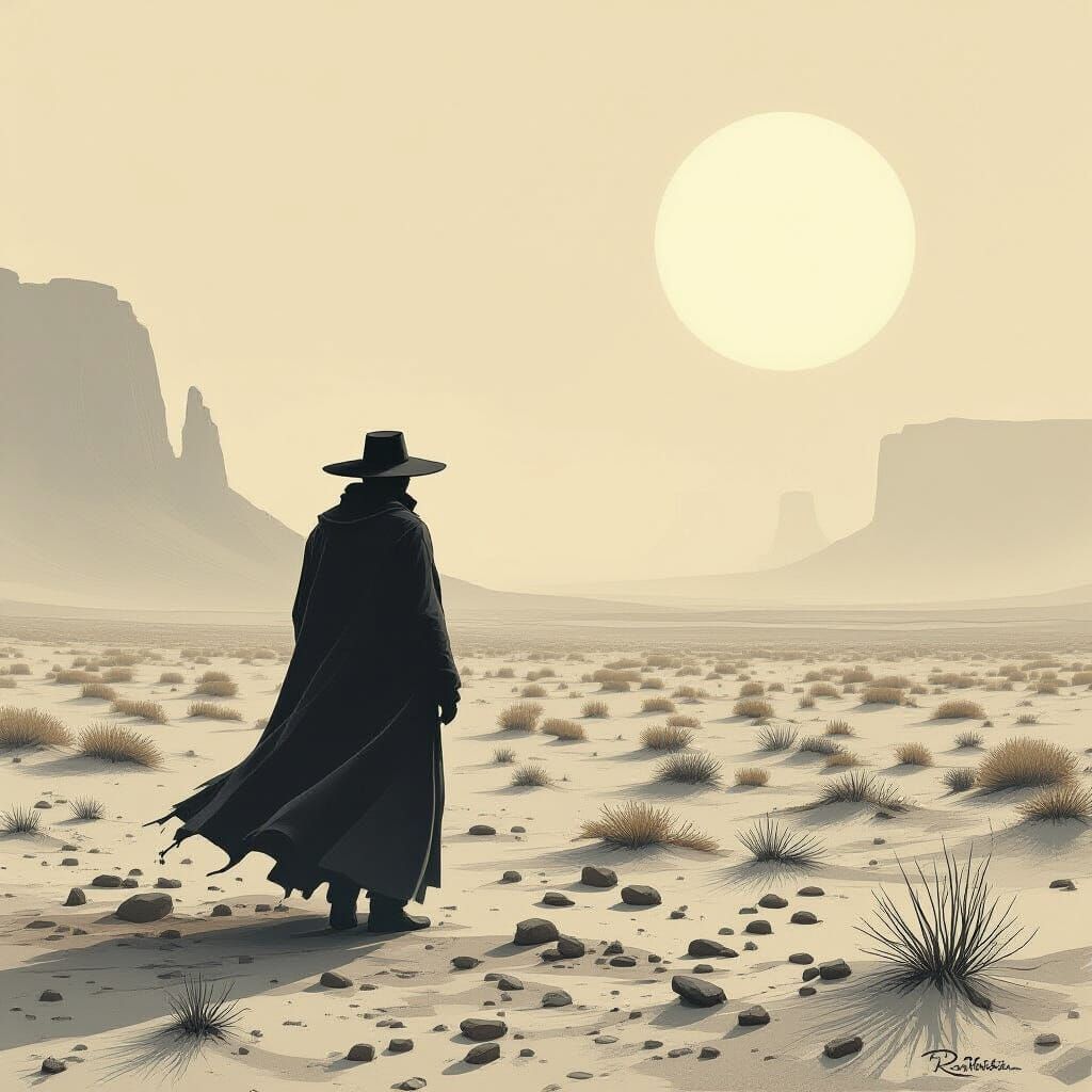 Mysterious Figure in Desolate Landscape