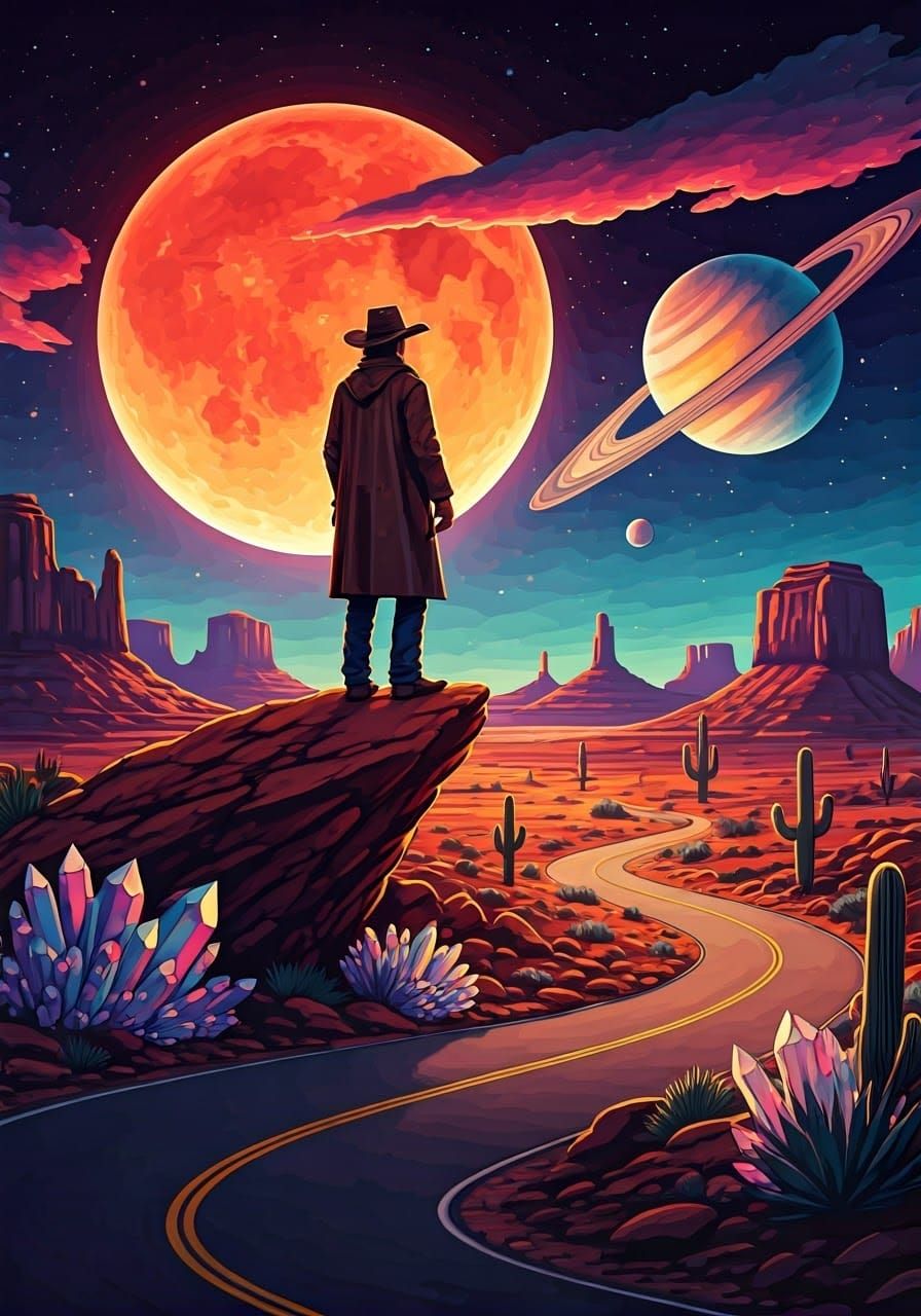 Cosmic Cowboy Dreamscape in Vibrant Colors