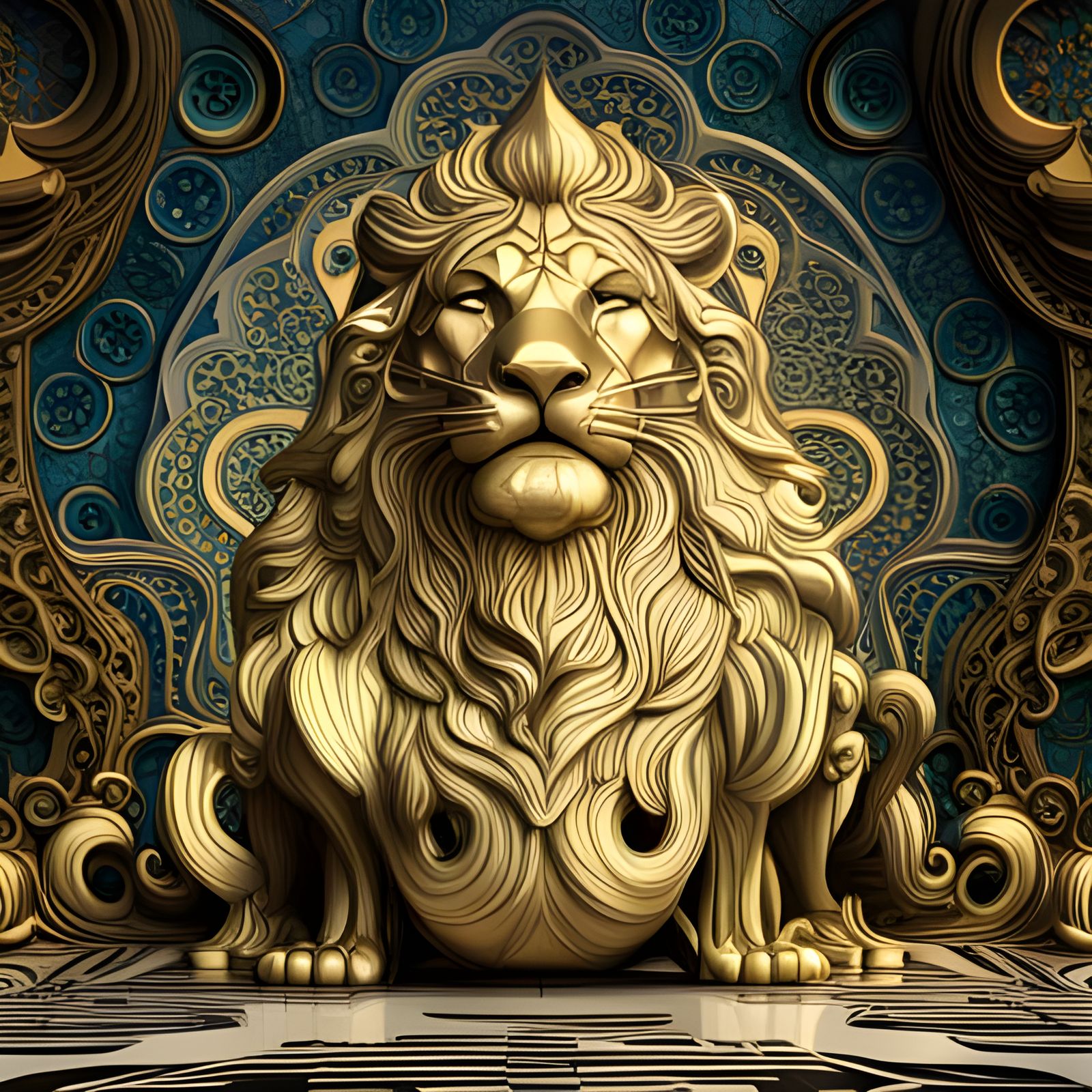 Golden Lions Marble Sculpture with Oil Slick Effect