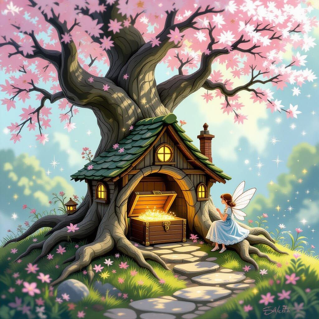 Fairy Village in Sakura Roots: Van Gogh Style