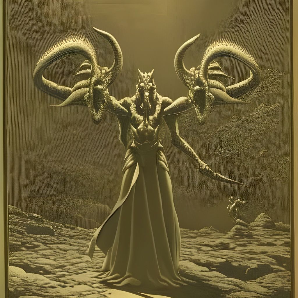 Three-Headed Dragon Humanoid in Mystical Landscape