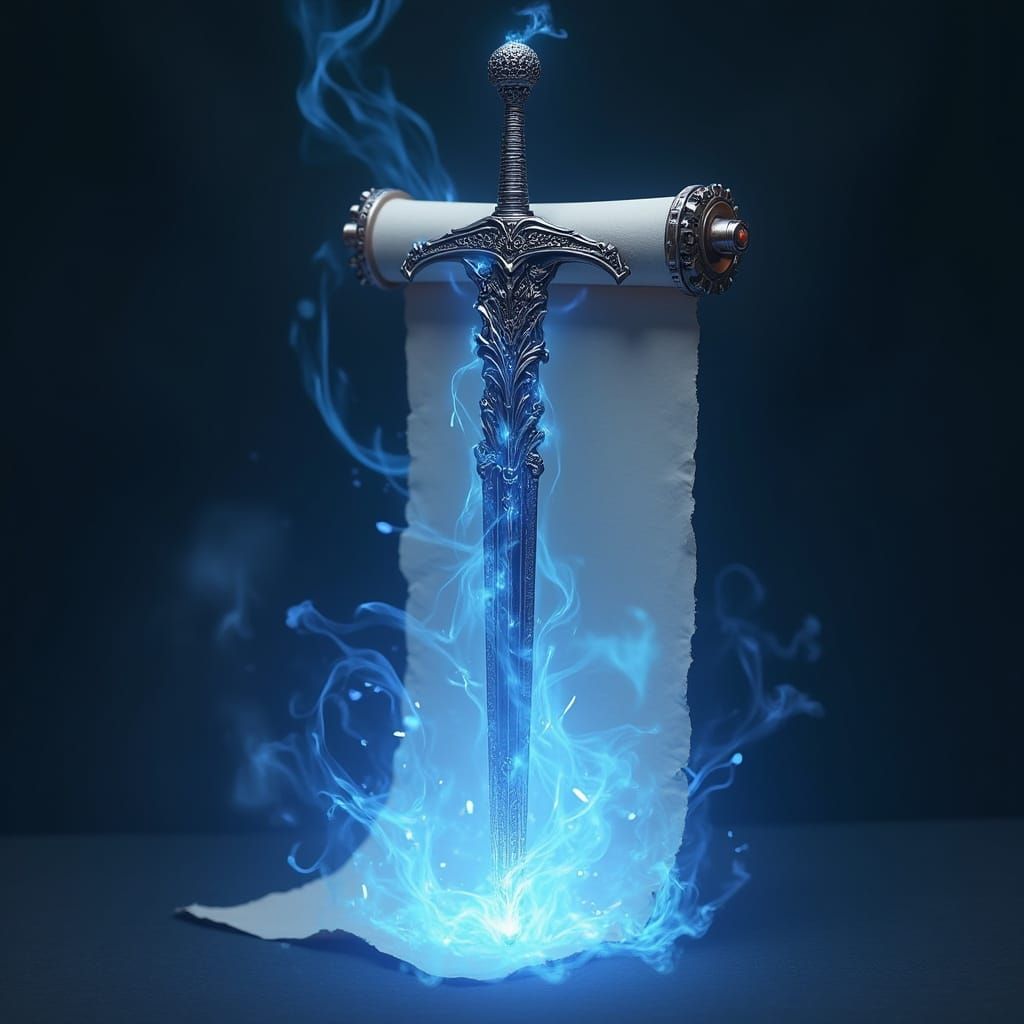 Sword and Scroll in a Fiery, Futuristic Aesthetic