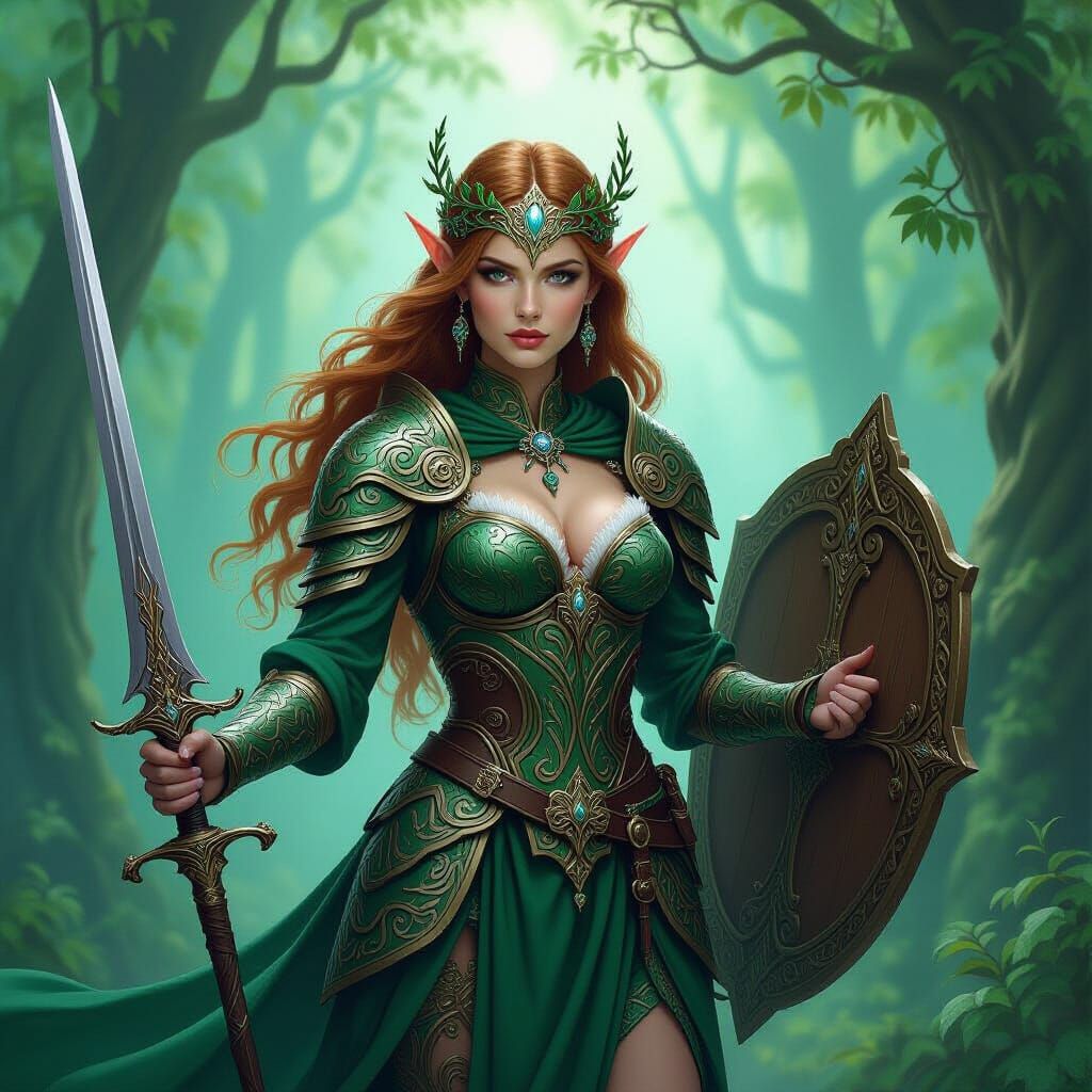 Female Cleric in Mystical Forest with Celtic Armor