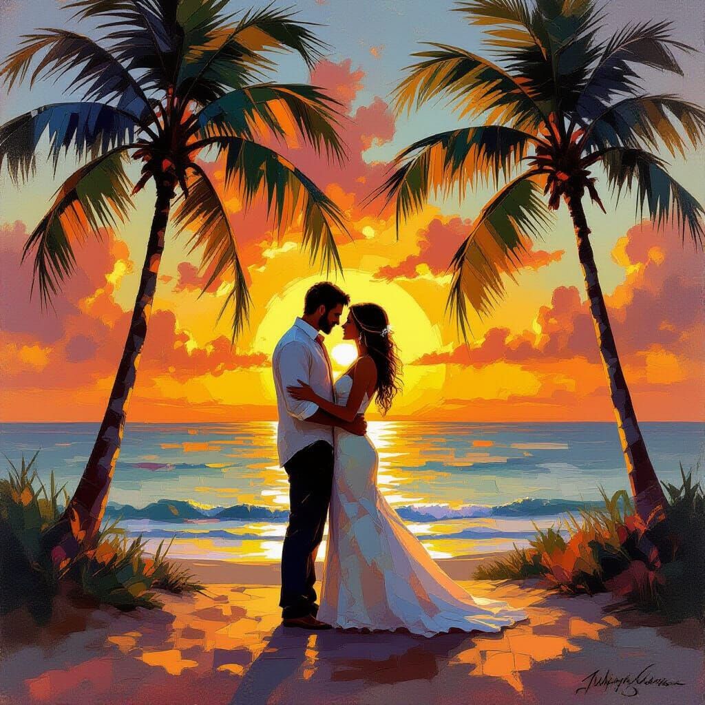 Romantic Sunset Couple in Impasto Watercolor Style