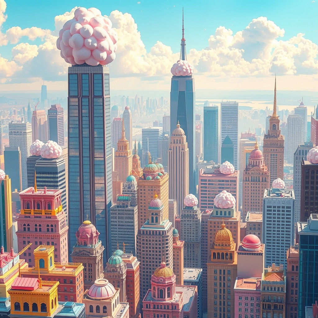 Whimsical Doodle Cityscape with Marshmallow Skyscrapers