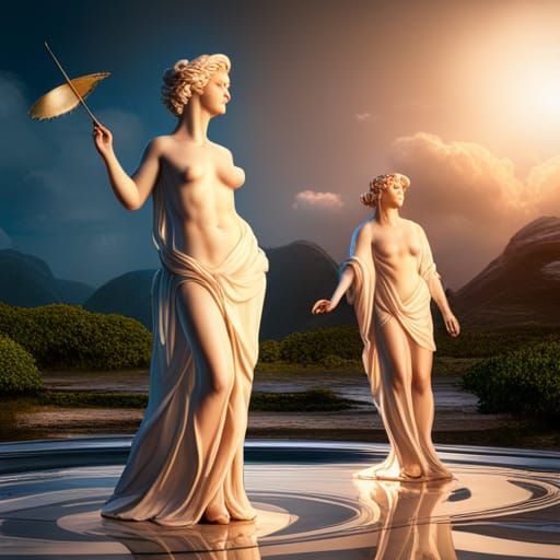 Aphrodite and Eros Statues in Museum, Matte Painting