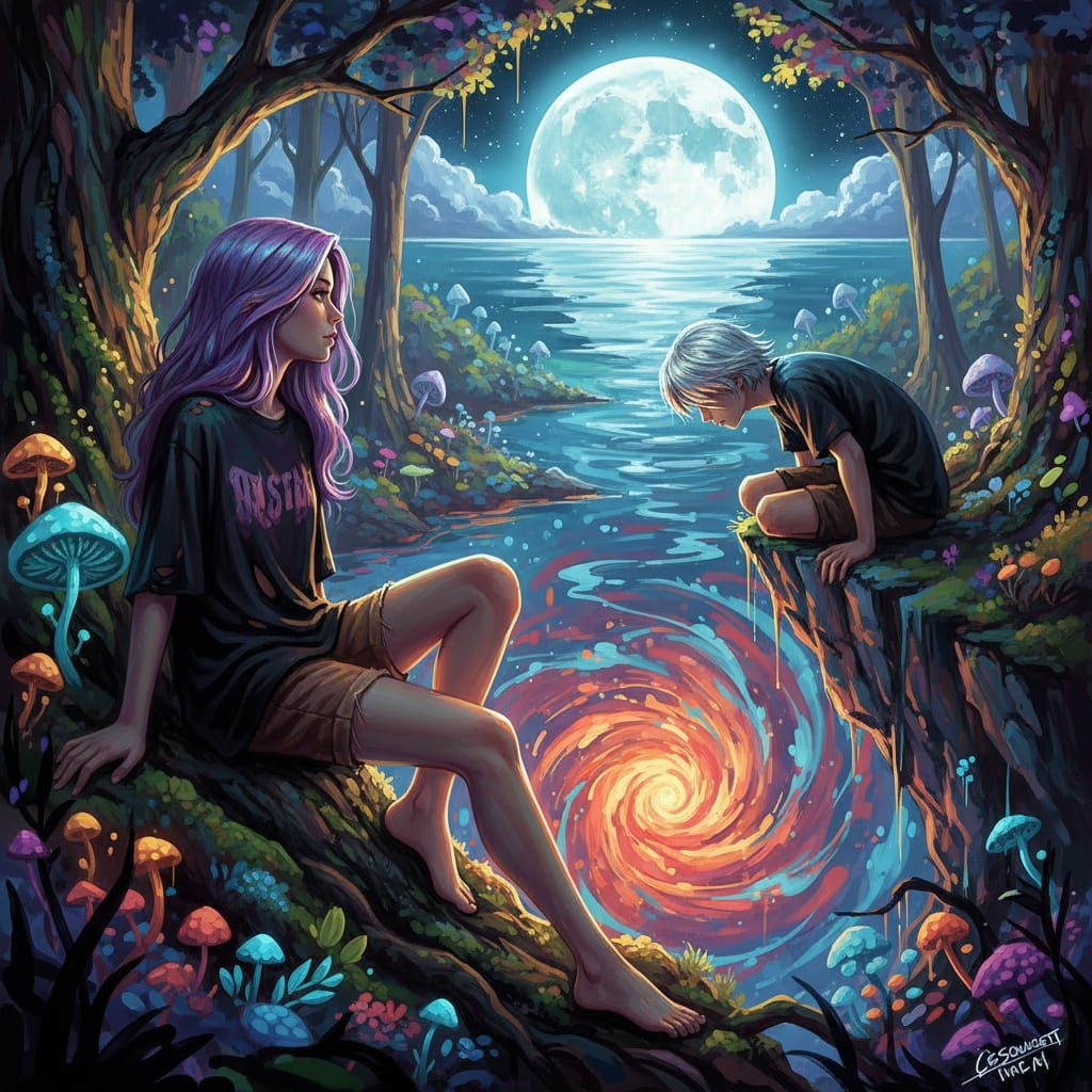 Mystical Forest Scene with Purple-Haired Girl and Silver-Hai...