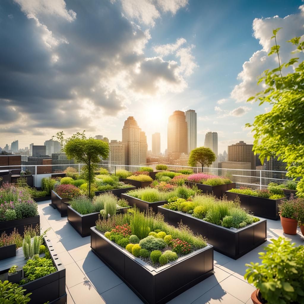 Lush Urban Rooftop Garden in Soft Sunlight