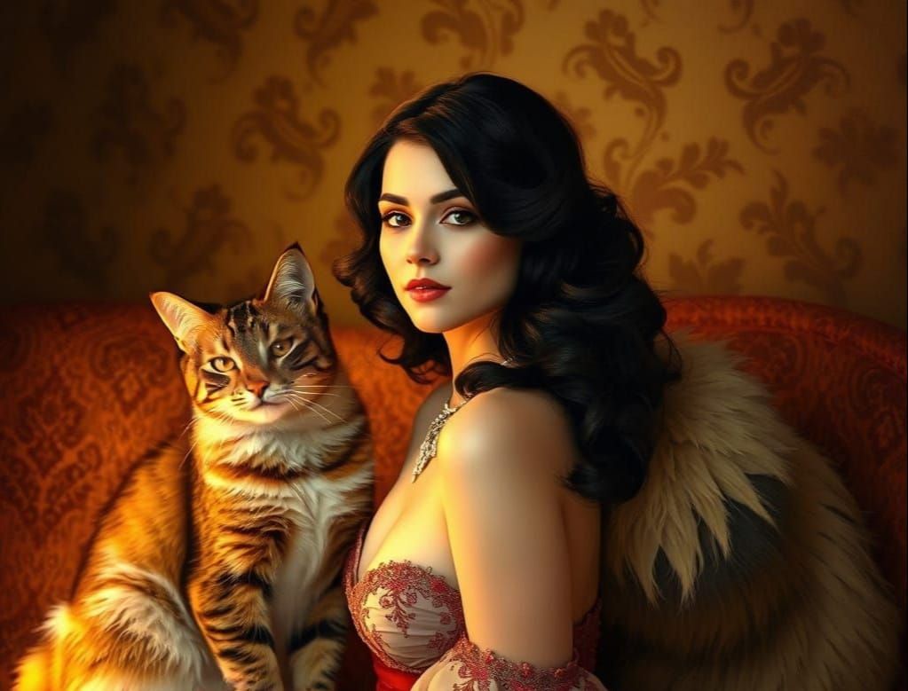 A Cat Beside a Lovely Woman