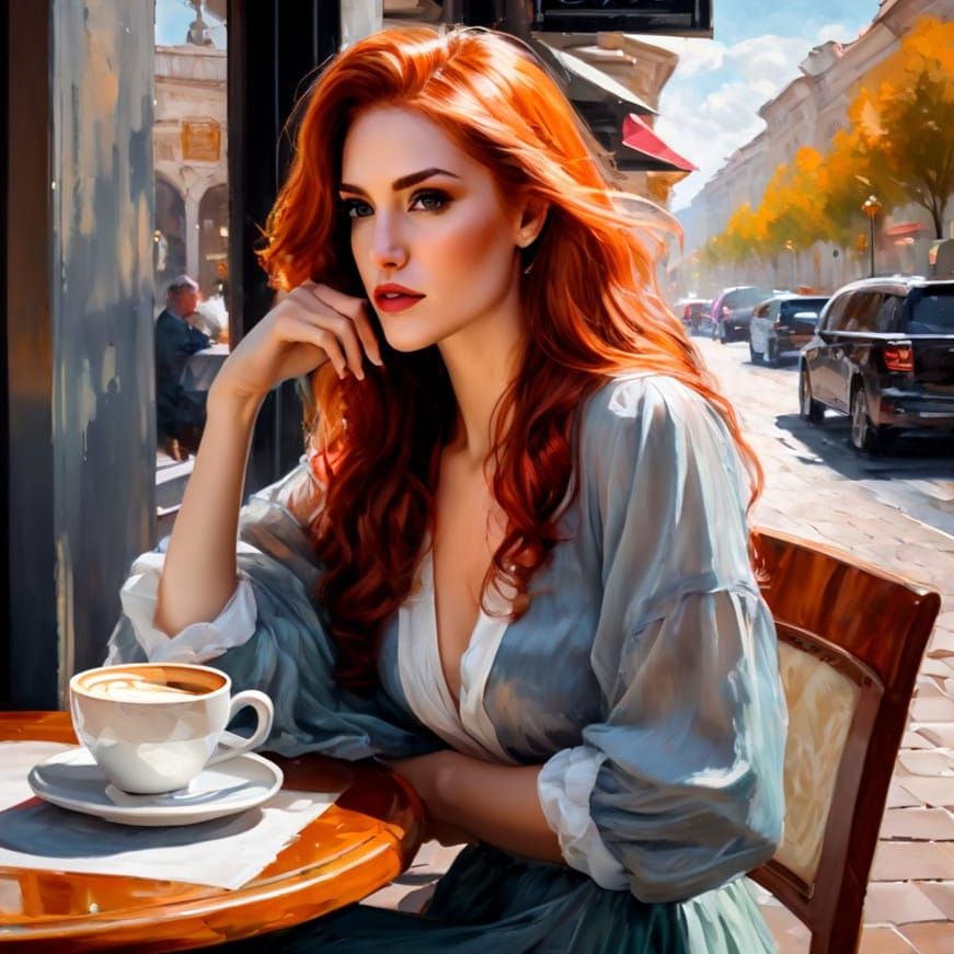 Ethereal Café Goddess in Impressionistic Style