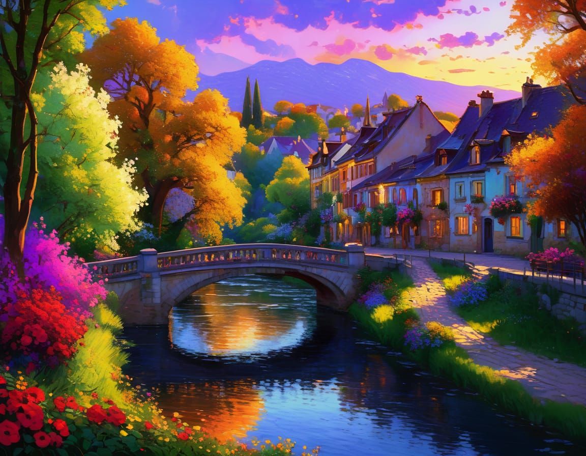 Art Nouveau European Village with Crimson Sunset