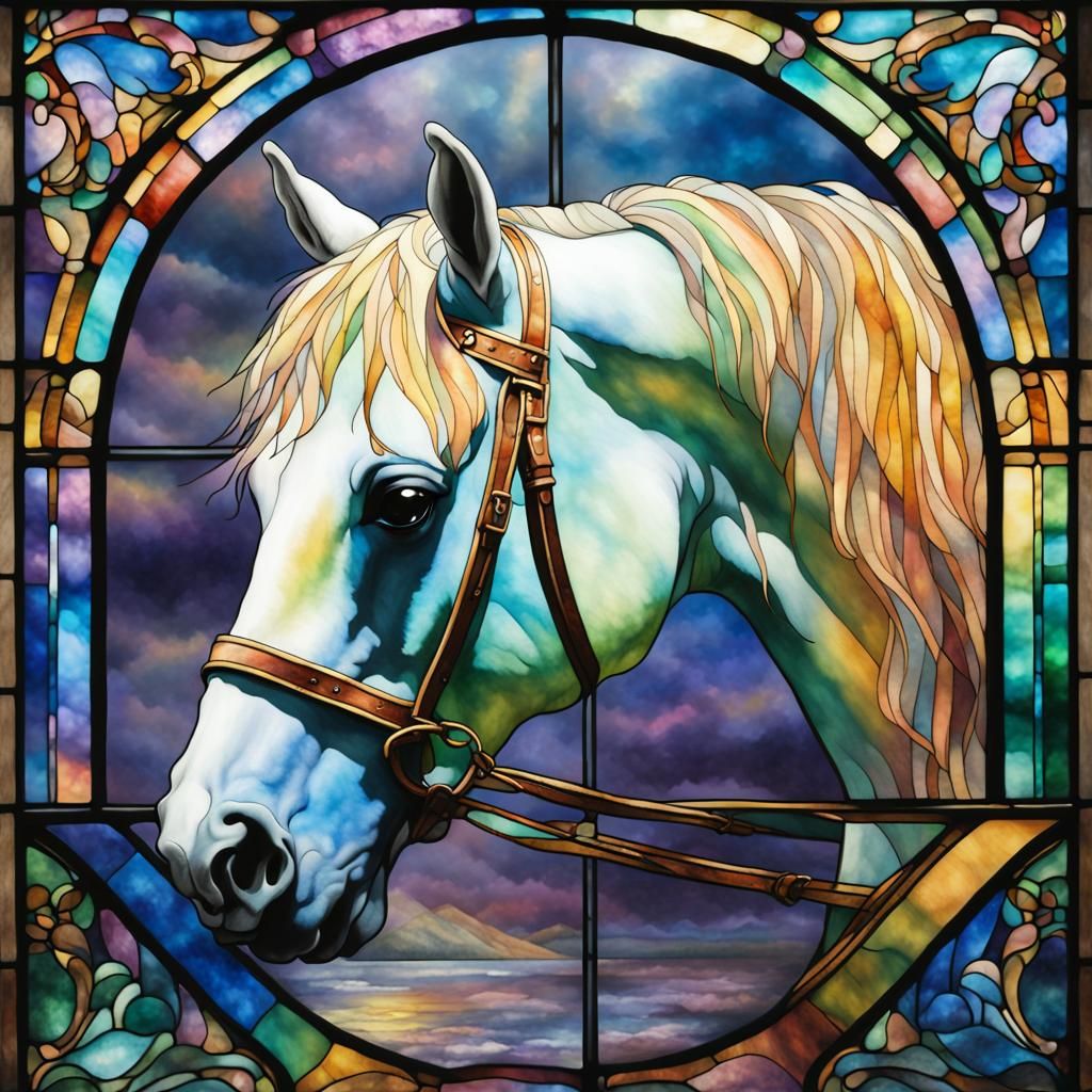 Rainbow Horse Head Stained Glass Window