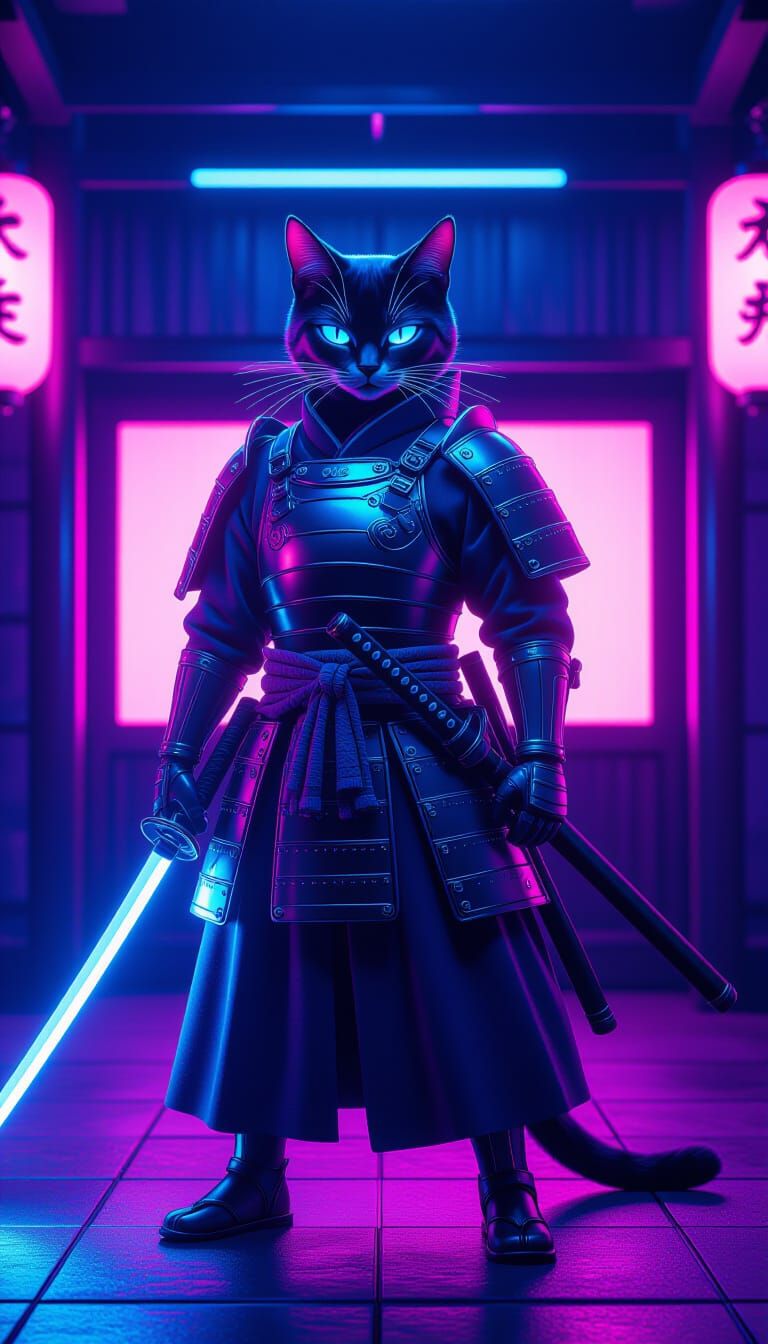 Neon Samurai Cat Guarding Futuristic Dojo