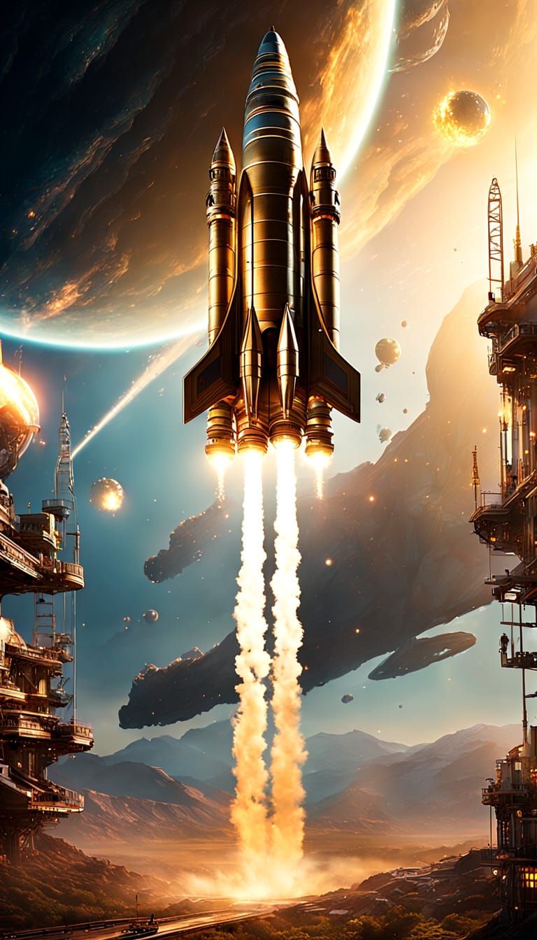 Steampunk Spaceship Cruises Through Galaxy in Hyperrealism