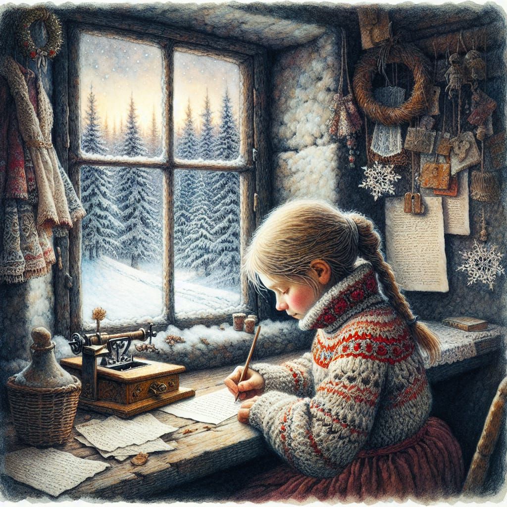 Whimsical Victorian Girl Writes to Santa Claus in a Snowy Fo...