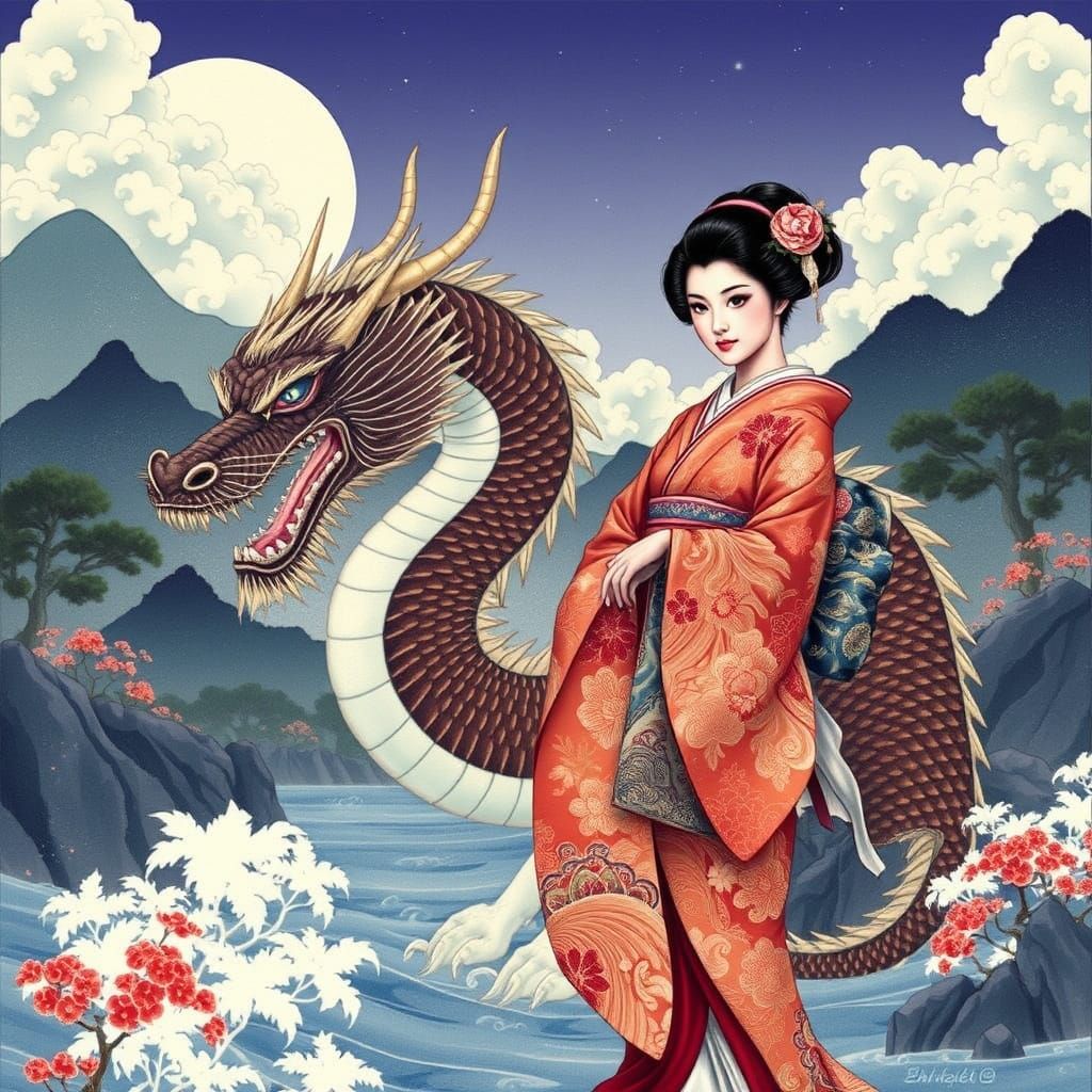 Geisha and Dragon in Dreamlike Asian Landscape