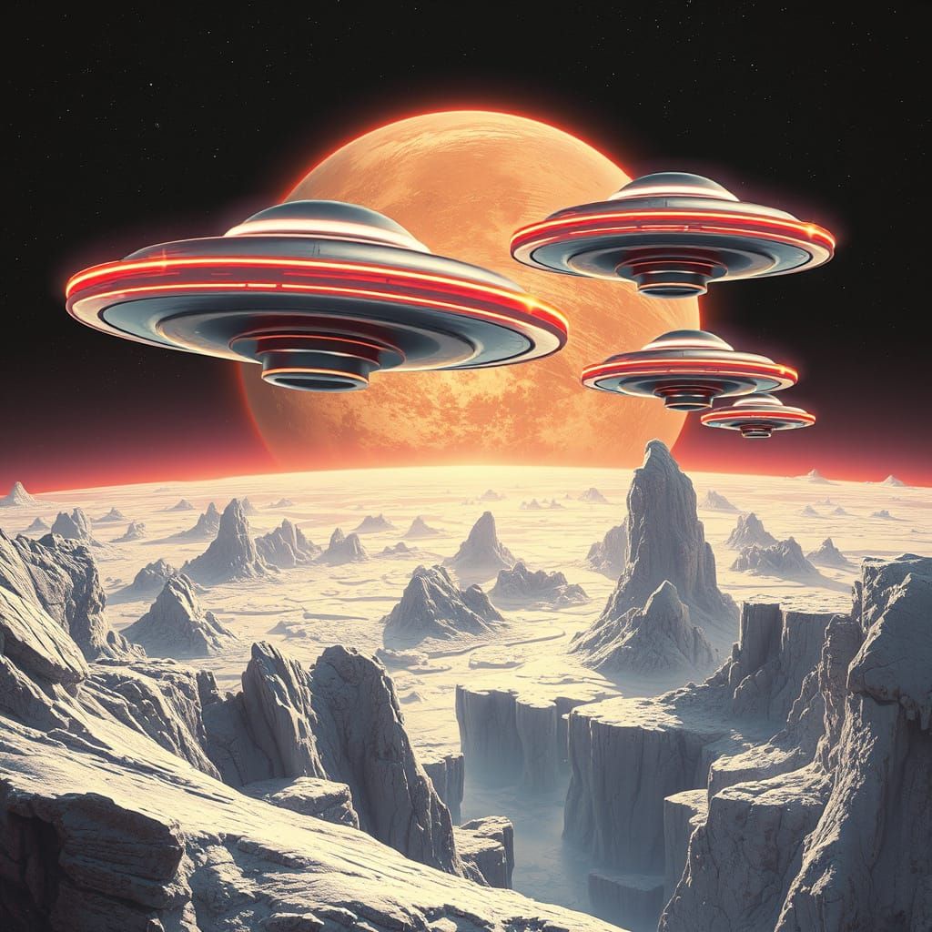 Flying Saucers Soar Over Pluto in Futuristic Art