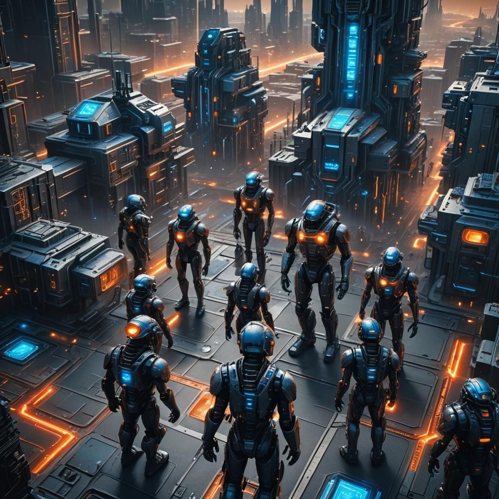 Nanotechnology Invaders in Futuristic Cityscape