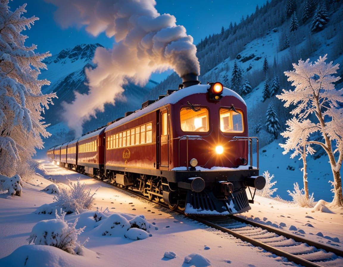 Enchanting Winter Train Journey Through Snowy Mountains