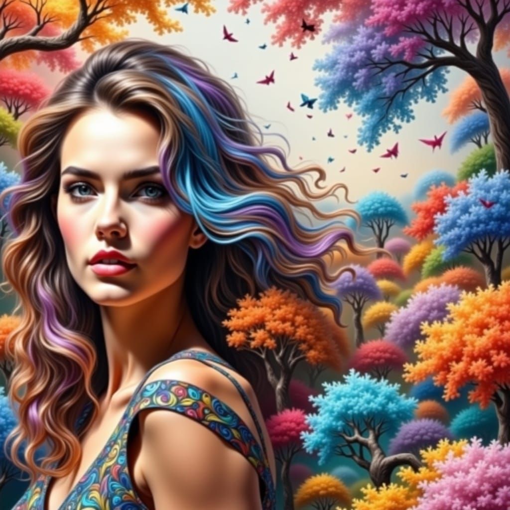 Stunning Woman in Dreamlike Abstract Landscape