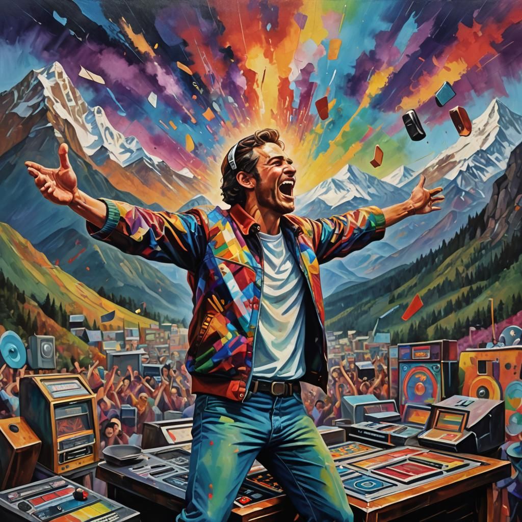 Colorful Oil Painting of a Musical Mountain Jukebox