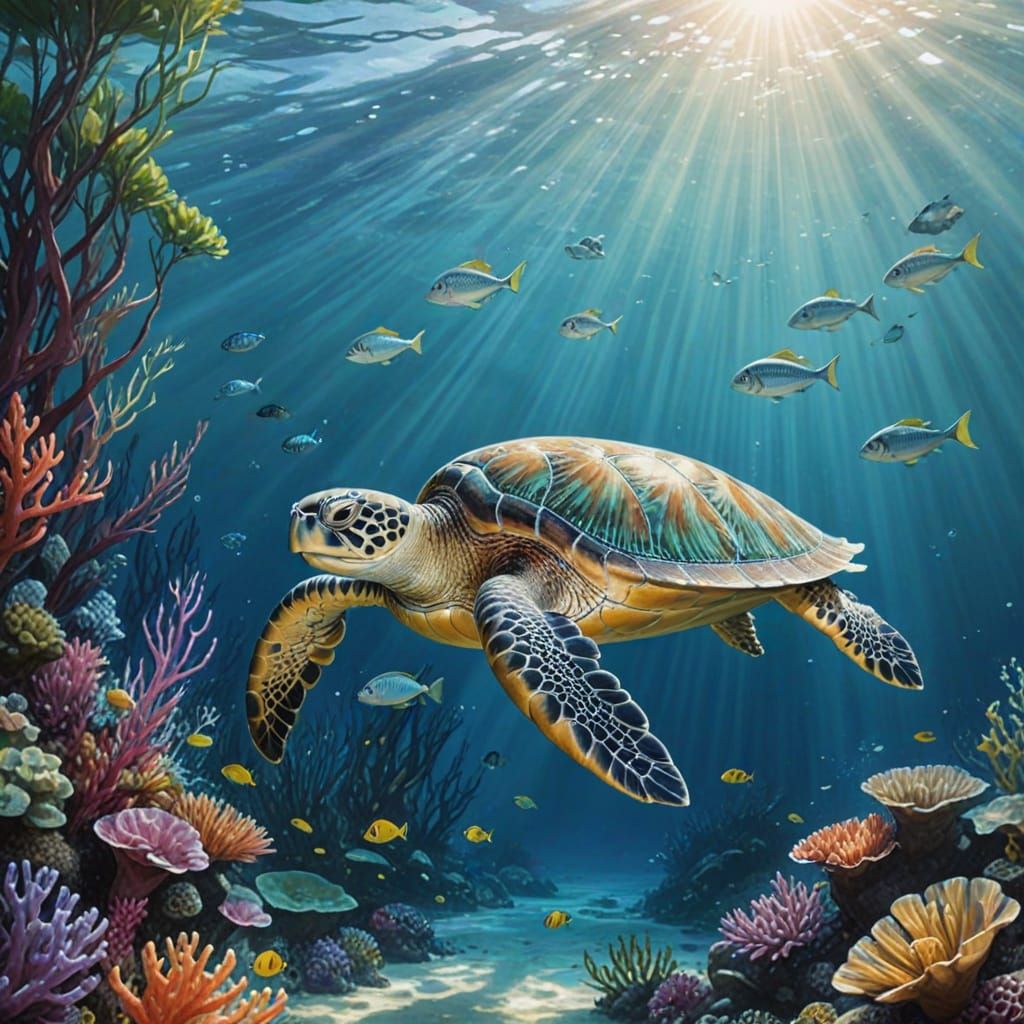 Turquoise Sea Turtle in Underwater Watercolor Paradise
