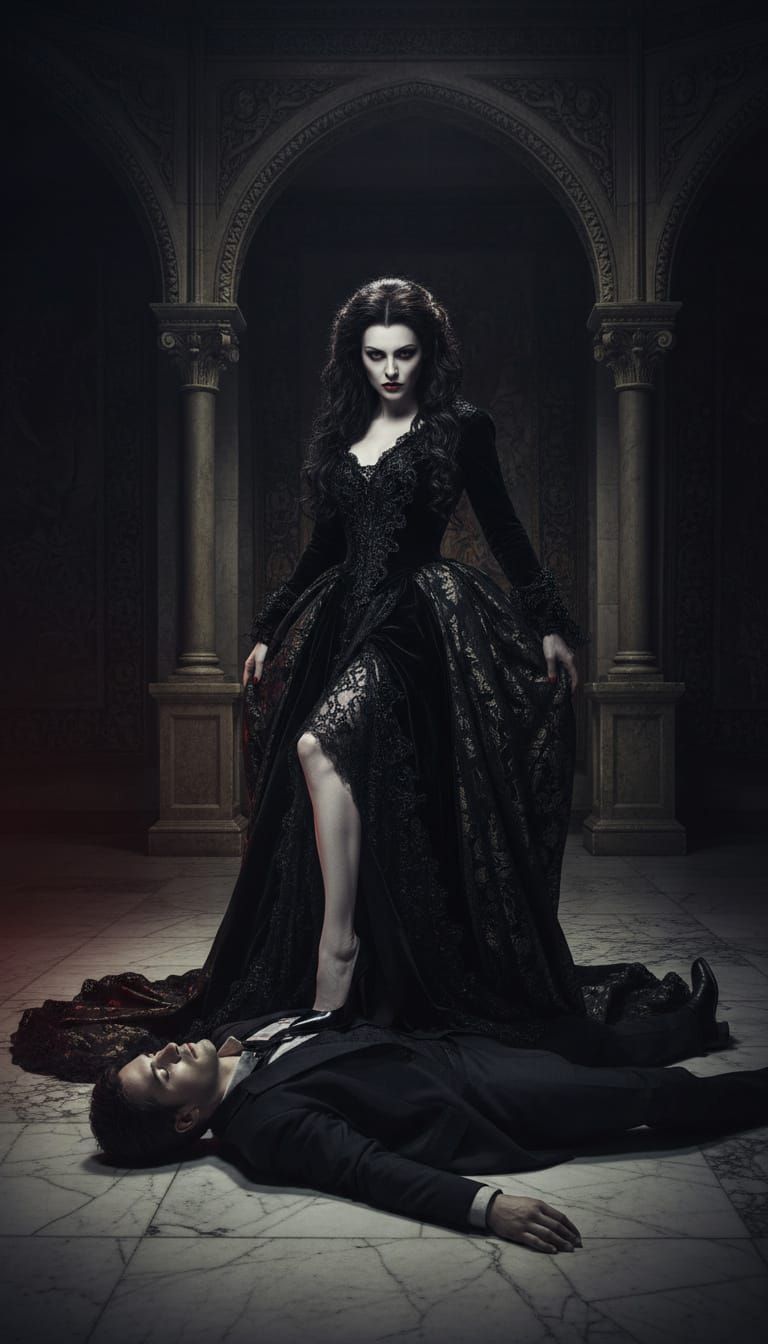 Vampire Mistress Dominates Man in Gothic Art Style