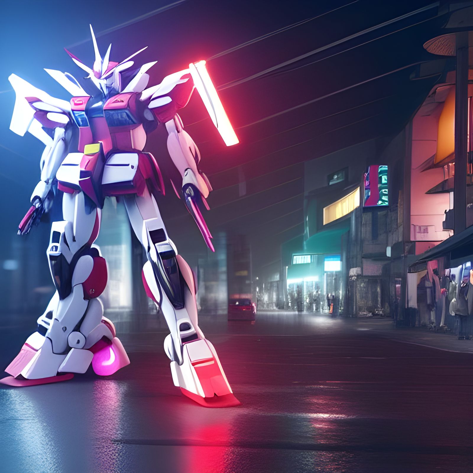 Hyper-Realistic Gundam Mech in Rainy Japanese Street