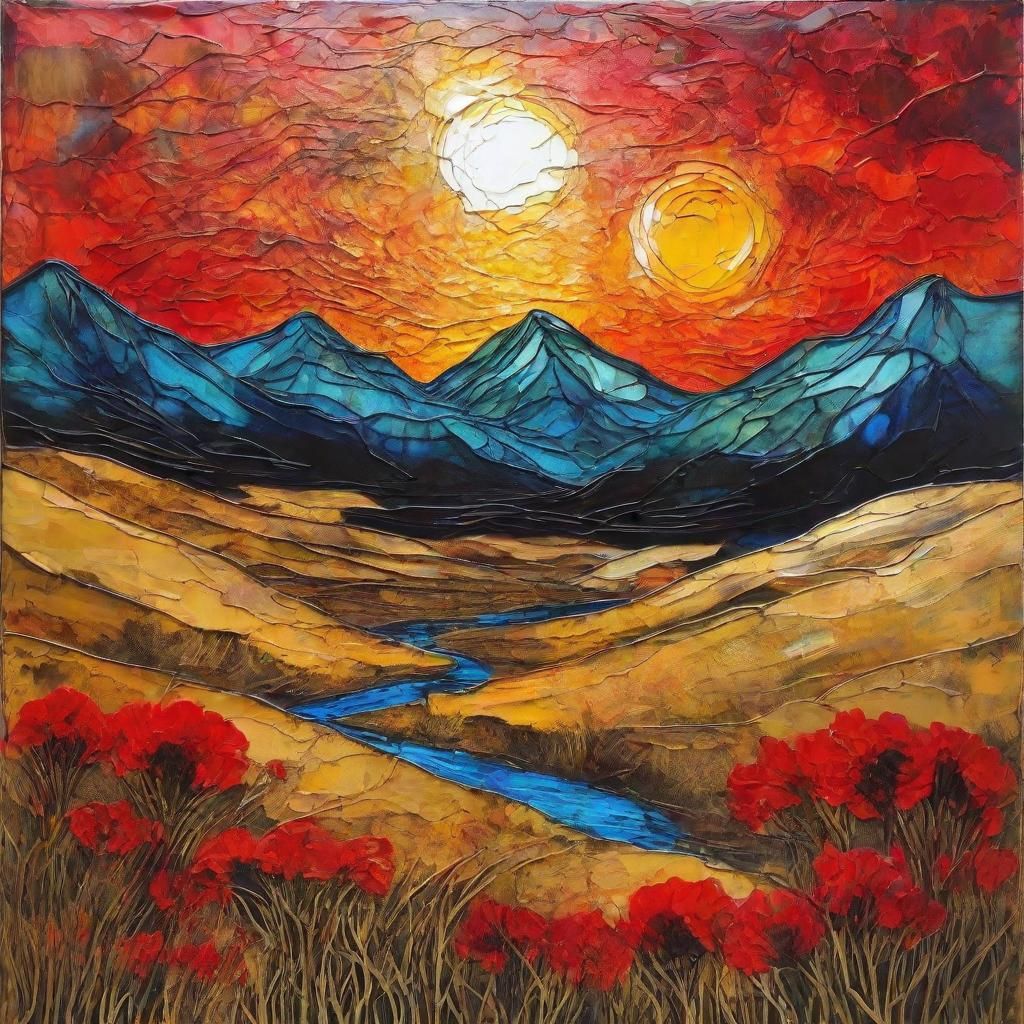 Sgraffito Sunrise Over Mountain Range in Impressionist Style