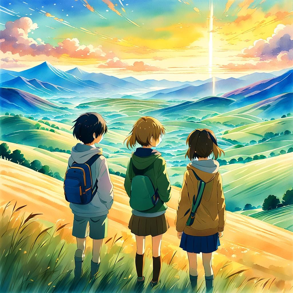 Anime Friends Gaze at Dreamy Landscape