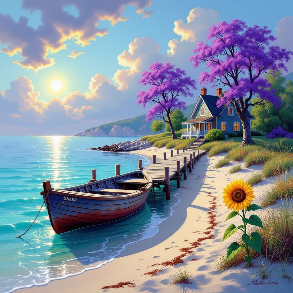 Magical Beach Sunset with Purple Trees and Sunflower