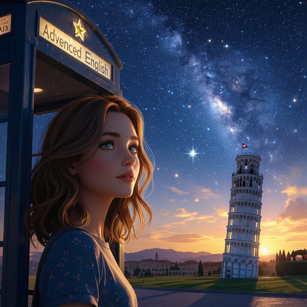 Girl Gazing at Galaxy Sunrise with English Promotion